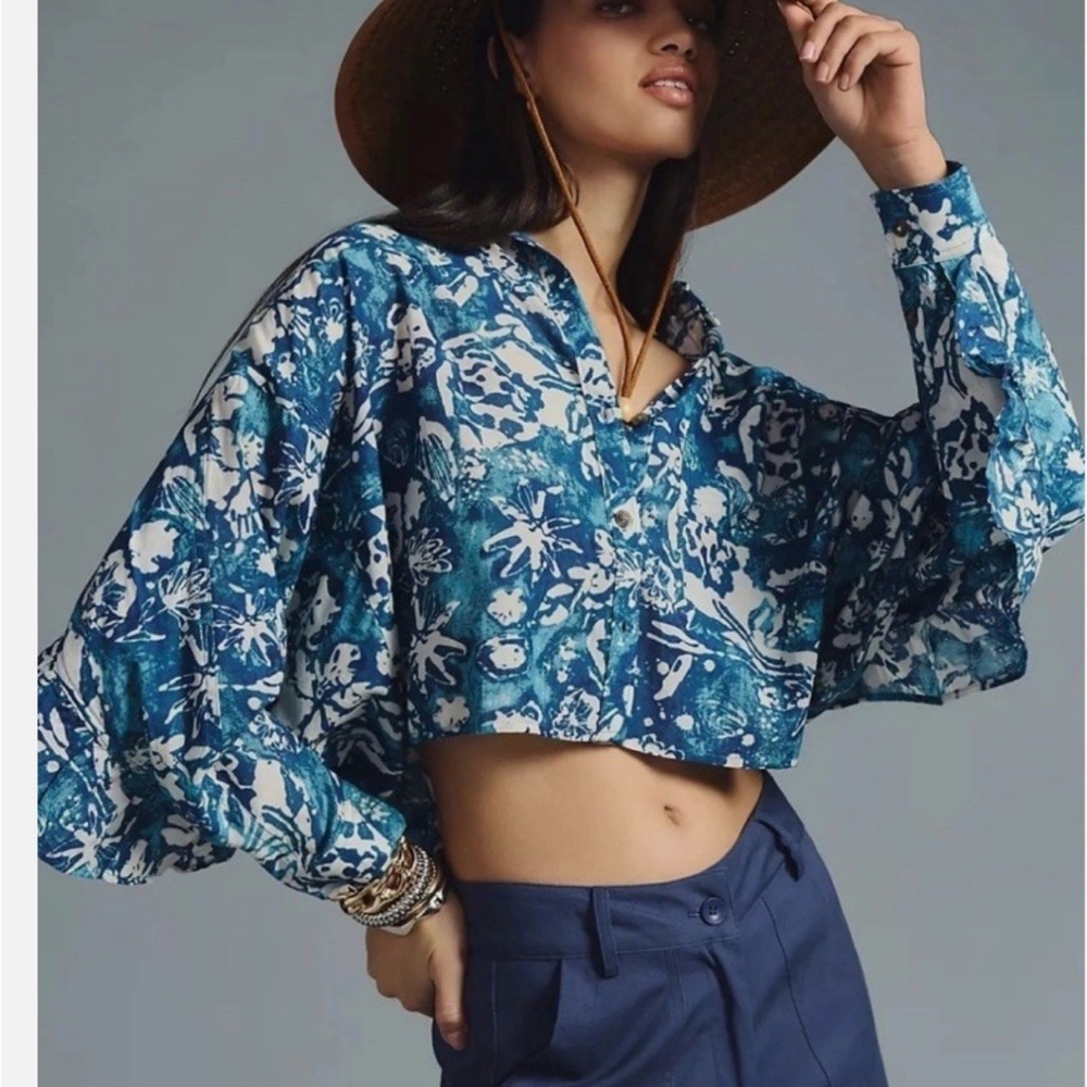 Pilcro Indigo Floral Button-Down Batwing Shirt Xs
